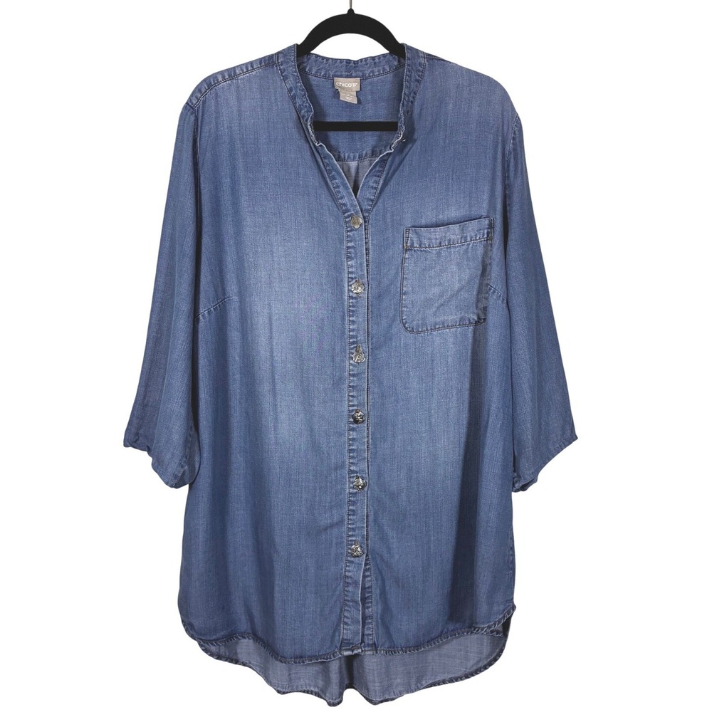 Chico's Womens XL Blue Tencel Lyocell Denim Tunic Shirt Novelty Animal Buttons